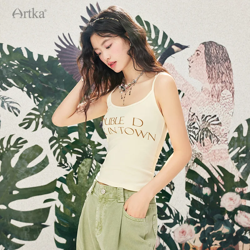 ARTKA 2024 Summer New Women Tops 3 Colors Casual Sexy Letter Print Camisole Slim Sleeveless Square Collar Tank Top BA92041C