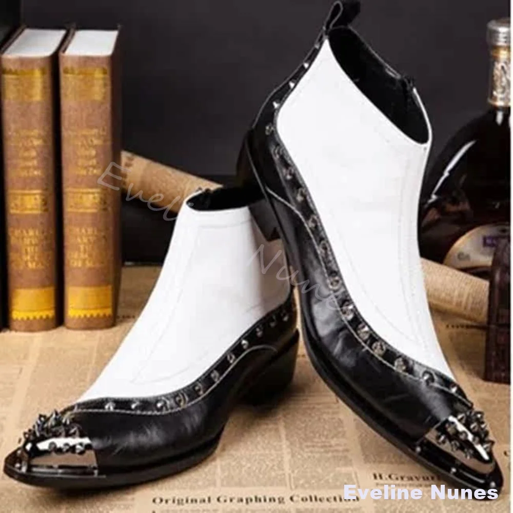 Men Black White Color Block Ankle Boots Pointed Toe Metal Toe Cap Rivet Decor Side Zipper Low Heel Punk Rock Leather Short Boots