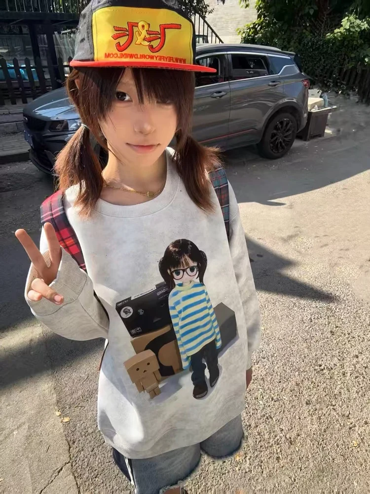 

Женская толстовка с капюшоном Thiened Fce Long Sve round Ne с мультяшным принтом, свободный крой, осень-зима, повседневный универсальный топ небольшого размера