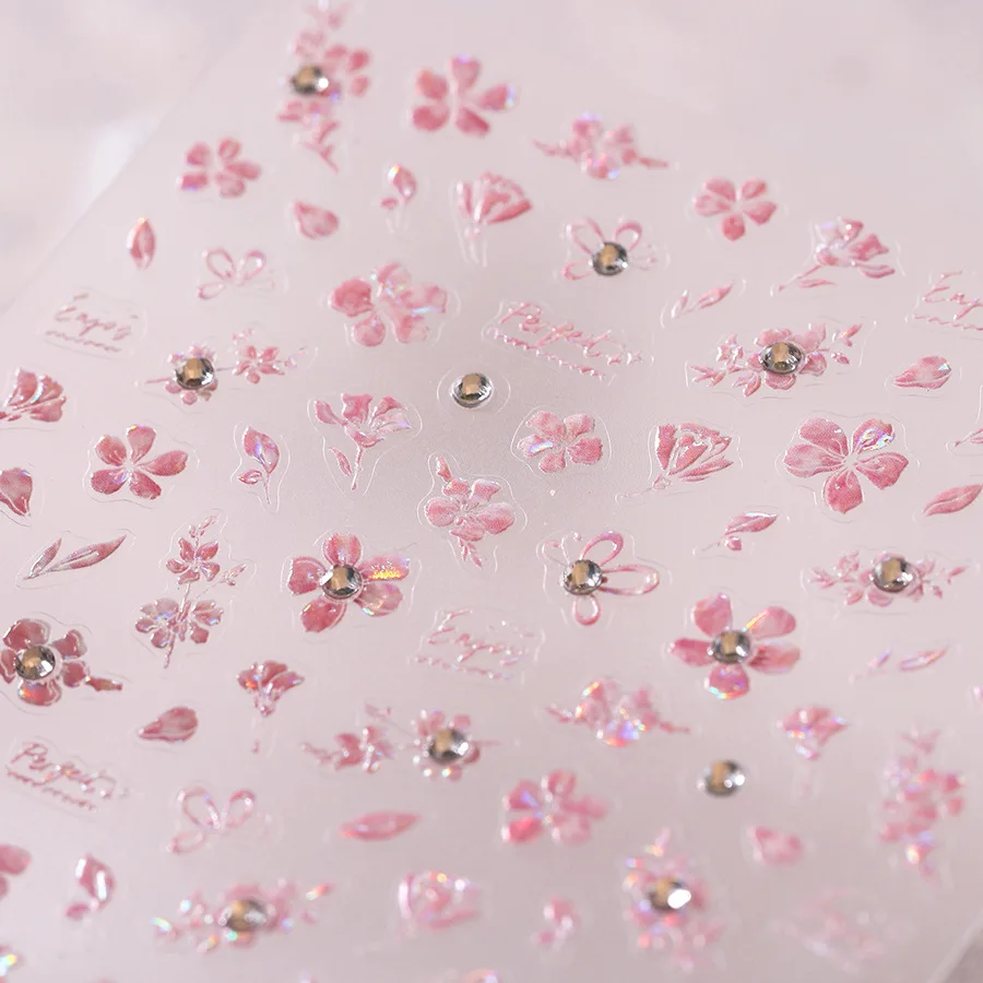 1PCS Pink Bule Cherry Blossom Nail Stickers 3D 5D Luxury Rhinestones Flower Adhesive Nail Sticker DIY Manicure Decoration Decals