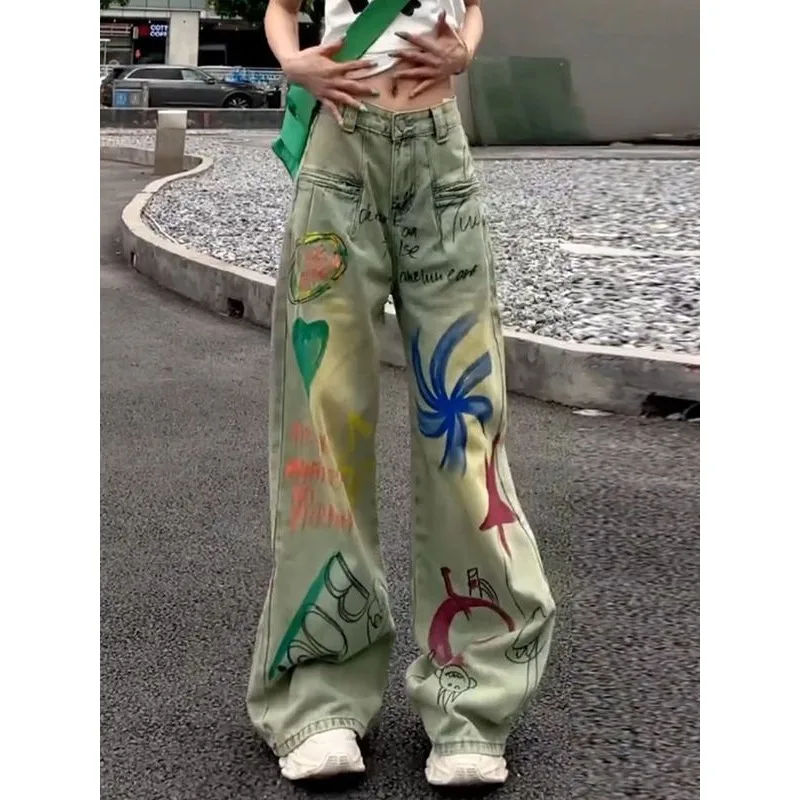 2024interesting graffiti printed American High street denim wide-leg pants women summer high-grade mopping pants slouchy jeans