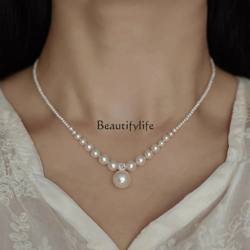 S925 sterling silver broken silver a few taels gradual change round pearl chain light luxury