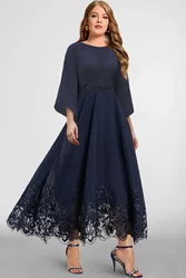 Plus Size Formal Navy Blue Chiffon Lace Stitching 3/4 Sleeve Tunic Maxi Dress Classic Wedding Big Swing A-Line Dress 2024 Summer