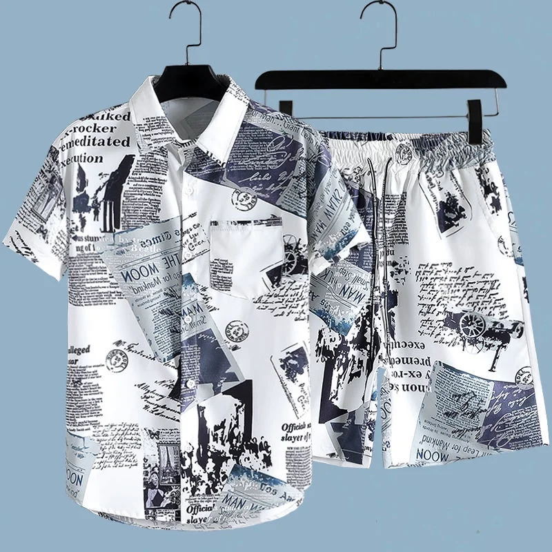 Men's Newspaper Printed 2-piece Set Short Sleeve Button Collar Shirt Drawstring Shorts Summer Hawaiian Beach Casual Wear
