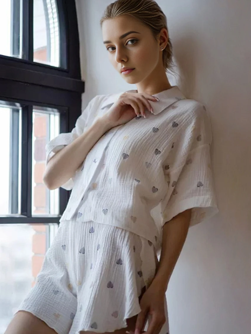 Marthaqiqi Summer Home Clothes Women Short Sleeve Sleepwear Turn-Down Collar Pajamas Shorts Casual Printing Pyjamas 2 Piece Set