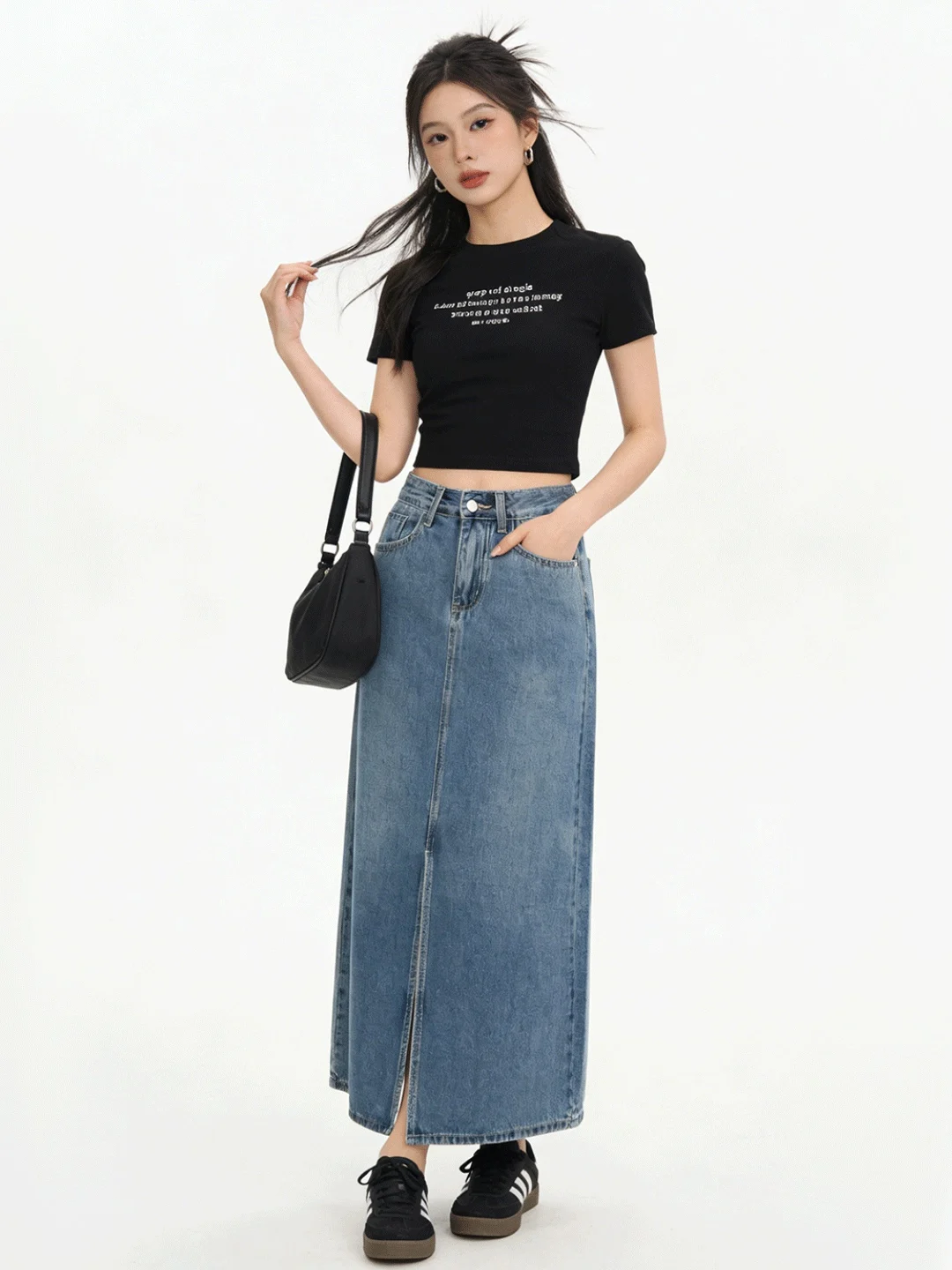 

Юбка А-силуэта с низкой талией, корейский стиль, для офиса, весна-лето, новинка, с разрезом, утягивающая, джинсовая, средней длины