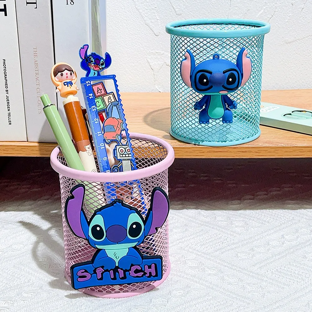 Cute Stitch metal pen holder, suitable for student stationery, desktop decoration makeup brush storage box, pencil case for scho