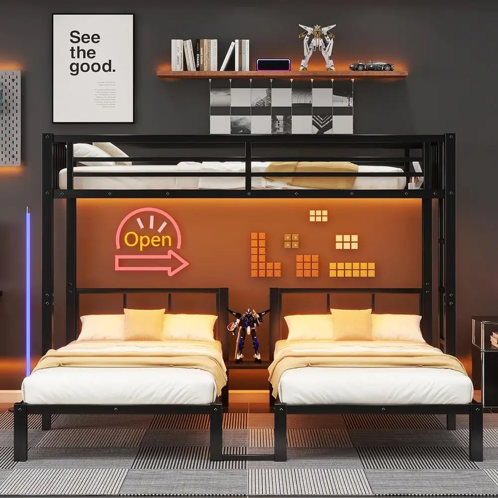 

Heavy-Duty Metal Triple Bunk Bed with LED Lights, Charge Station, and Storage for Kids