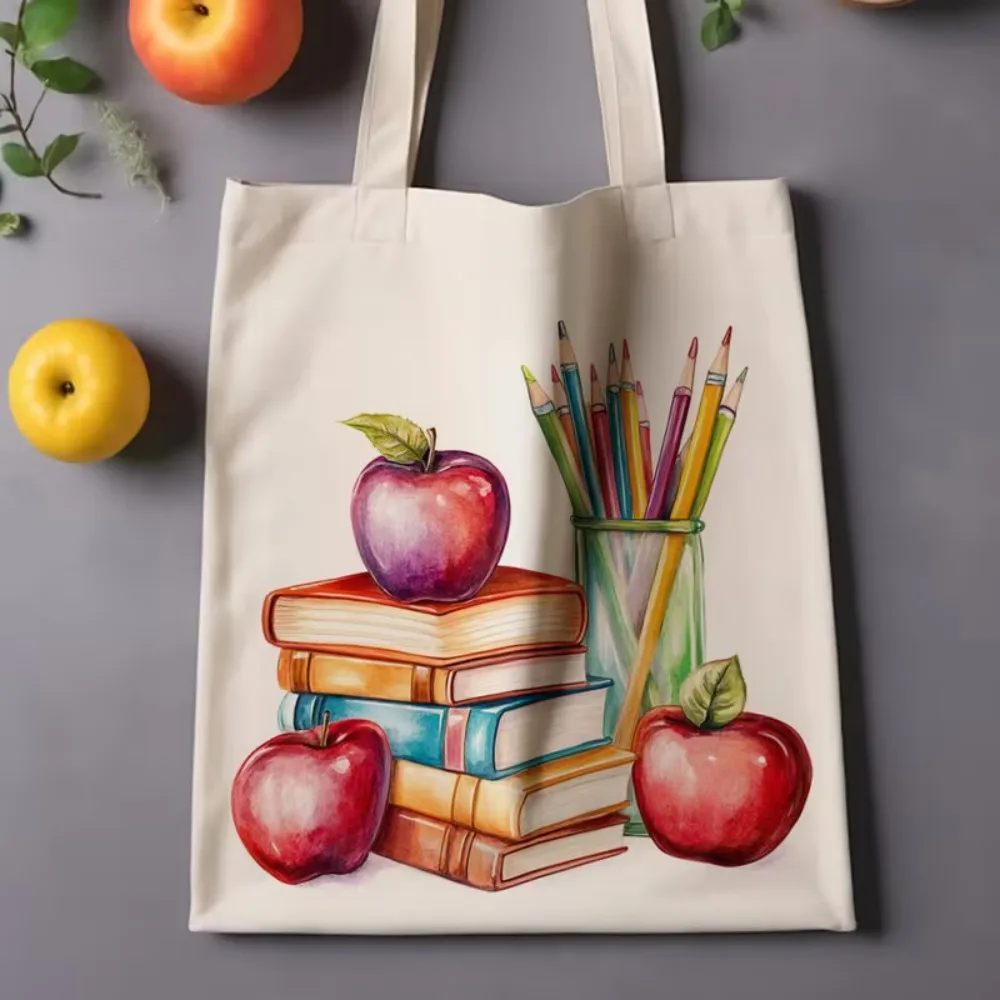 Watercolor Teacher Apple Book Canvas Tote Bag, School Pencil Print Shoulder Bag, Reusable Handbag, Gift for Teachers