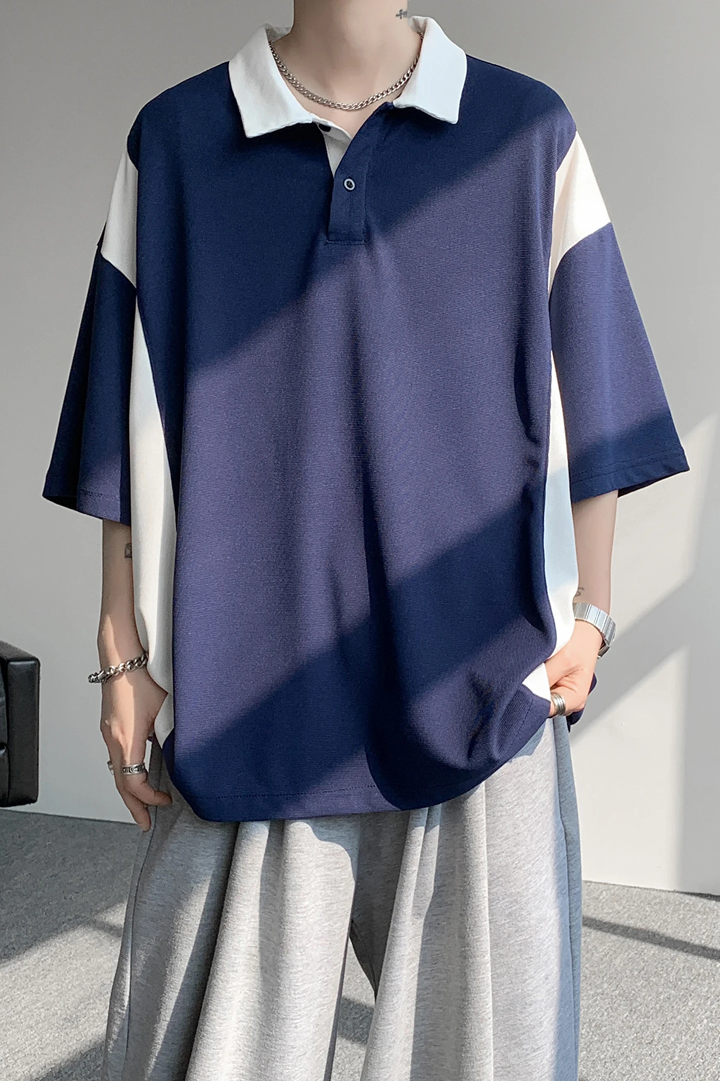2026 Summer New Style Men's Color-Contrast Short-Sleeved T-Shirt, Short Polo Shirt, Plus Size, Extra Large Size