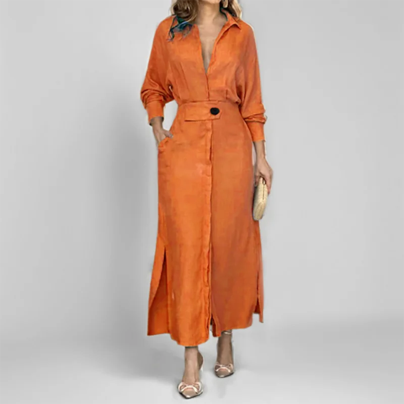 Weibliche Casual Side Split Robe Kleid 2025, Sexy Tiefem V Lange Ärmeln Tasche Hemd Kleid Neue