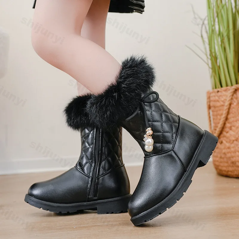 Winter Solid Color Children Fashion Mid-calf Boots PU Leather Side Zip Girls Cotton Shoes Plush Warm Anti Slip Kids Snow Boots