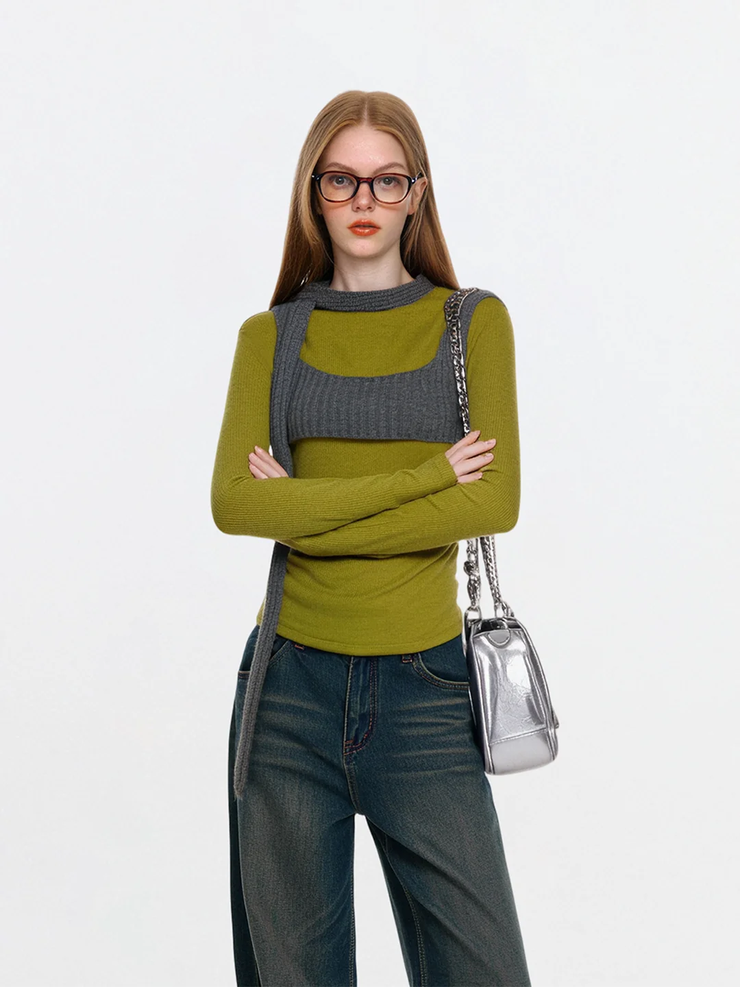 

AHMI Reconstructed Deconstructive Color Blo Knitted Base irt Girl's Sweater mat Sle Soft Fabric Long Sve roun...