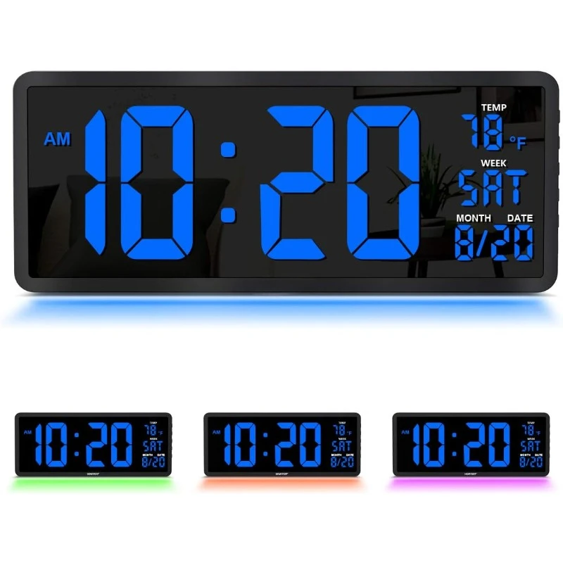 

16 Inch Large Digital Wall Clock with 4 Level Brightness Dimmer, Remote Control, 7 Color Night Light, Big Blue Number LED