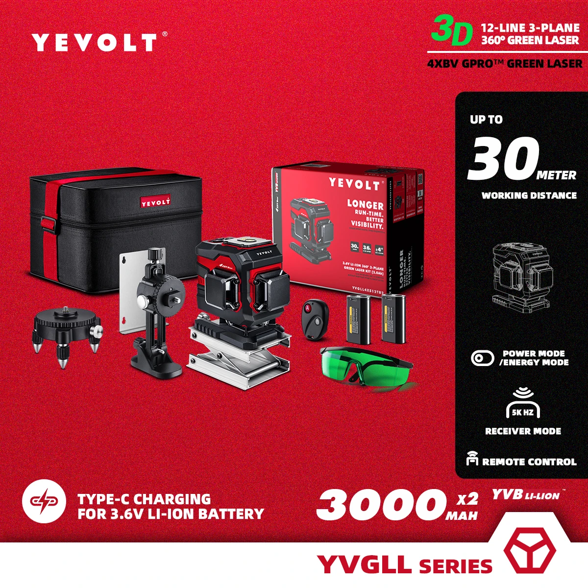 

YEVOLT YVGLL4XS12TB2DP 3-Plane Green Beam Laser Level Kit 360 3D 12-Line Ground 3000 mAh Battery Self-Leveling Measuring Tools