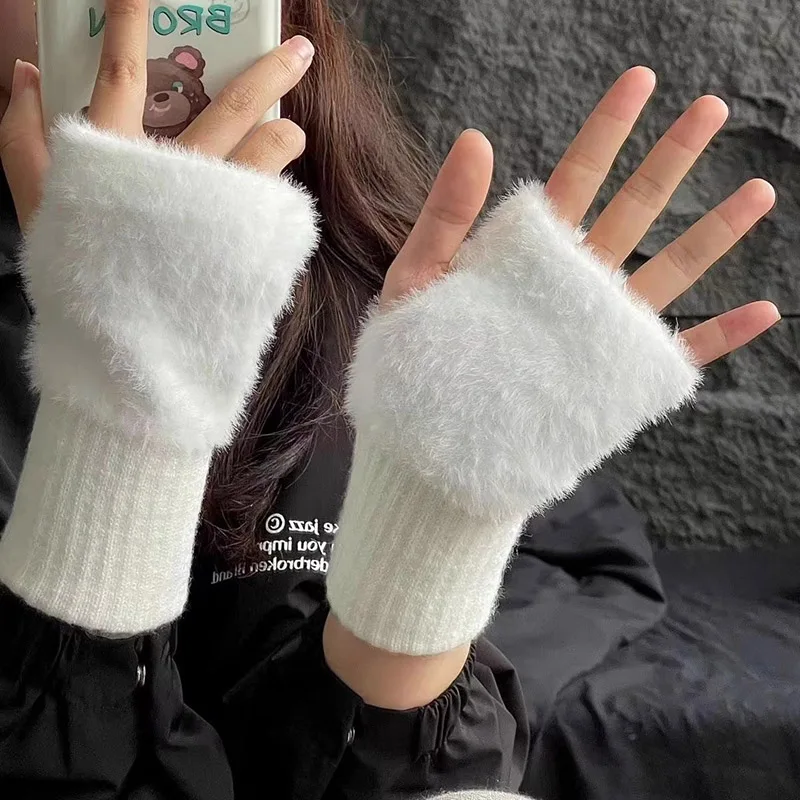 2026 Warm and Cold-proof Half-finger Gloves for Women in Autumn and Winter Plush Cute Writing Mittens Office Half-finger Gloves
