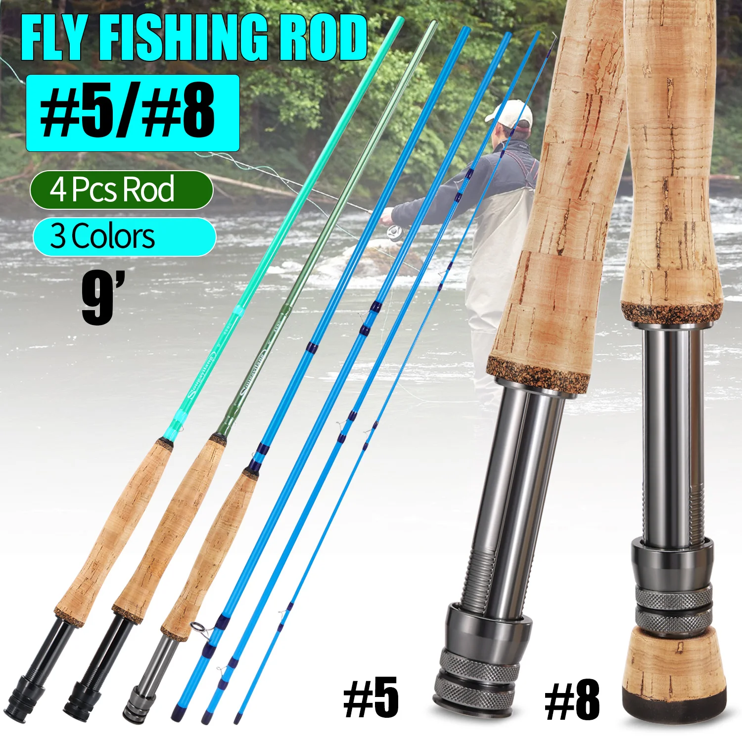 Sougayilang Fly Fishing Rod Carbon Rod Eva Handle Fly Fishing Rods LW Freshwater Fly Rods for Salmon Fishing Tackle