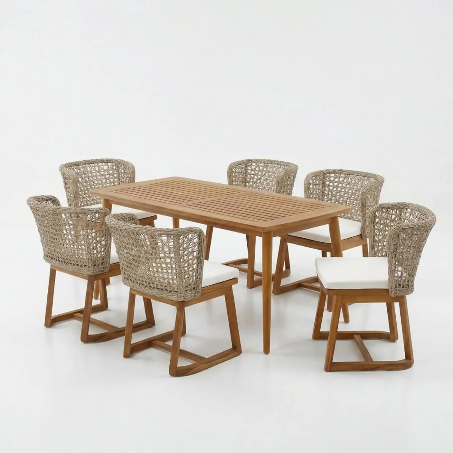 7-Piece Outdoor Dining Set With 6 Wicker Chairs For Patio, Poolside, Lawn, Weather Resistant Slatted Table, Customized