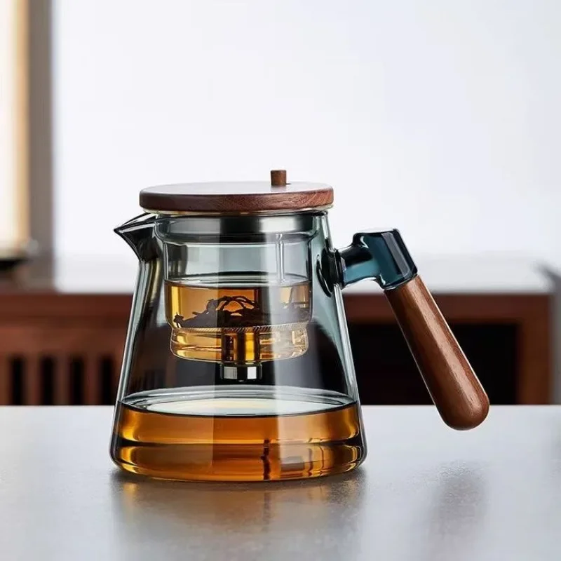 One Click Magnetic Switch Tea Separation Filtration Glass Tea Pot Wood Handle Tea Water Separation Inner Container Teapot