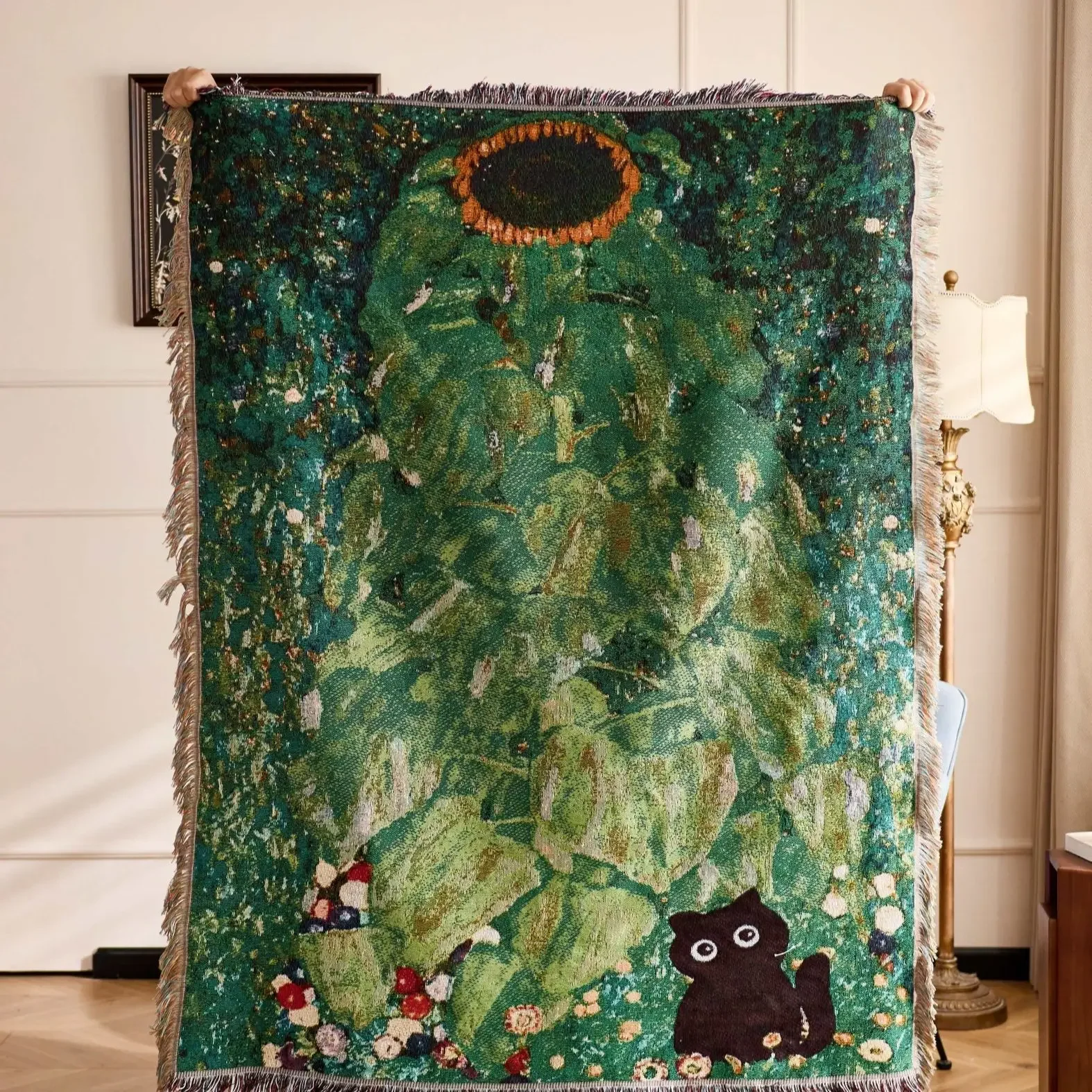 Textile City Ins Thread Blankets Inspired Tapestry with Lush Plant & Adorable Black Cat Jacquard Woven Home Decor Sofa Cover