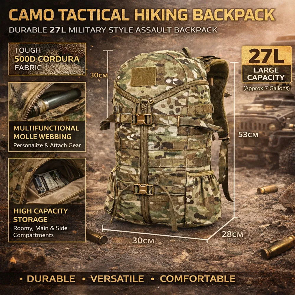 27L Tactical Hiking Backpack MOLLE System 500D Nylon Water Resistant Outdoor Camping Assault Pack Large Capacity Travel Bag