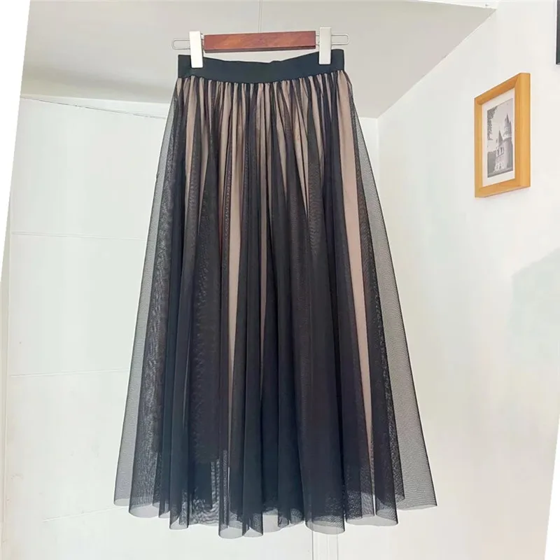 Spring 2025 High Waist A-Line Skirt Mesh Skirt Half-length Fairy Tale Style Long Skirt New Arrival Color Block Slimming Effect