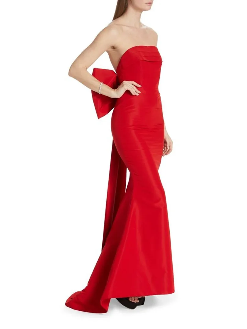 Customized Long Red فساتين السهرة Prom Dresses with Bow Mermaid Taffeta Sleeveless Watteau Train Evening Dress for Women