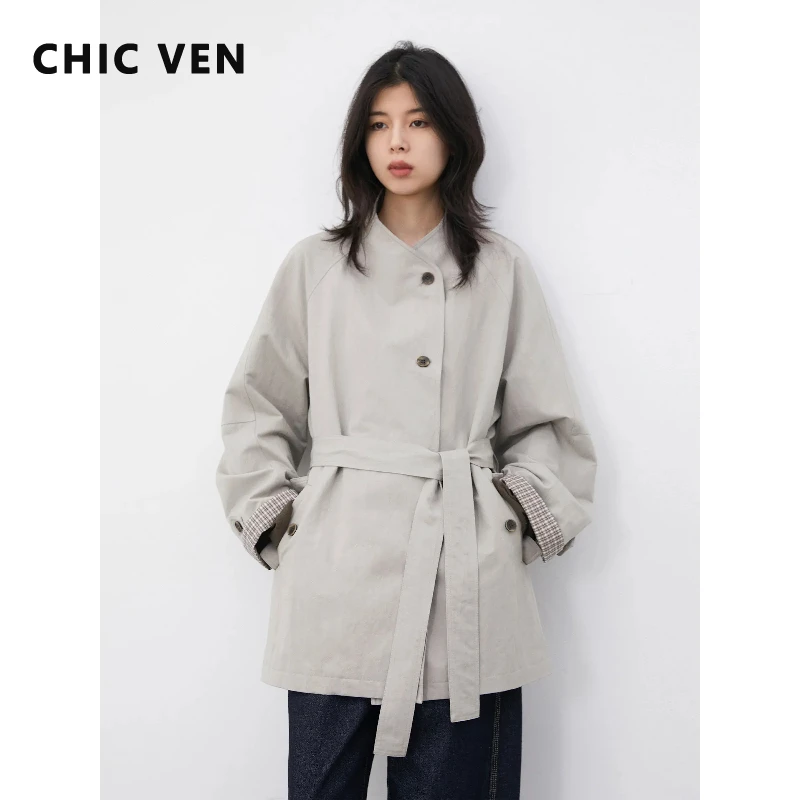 CHIC VEN Korean Women Mid-length Trench Coat Loose Casual Patchwork Plaid Ladies Windbreaker Belt Spring Summer 2026 Clothing
