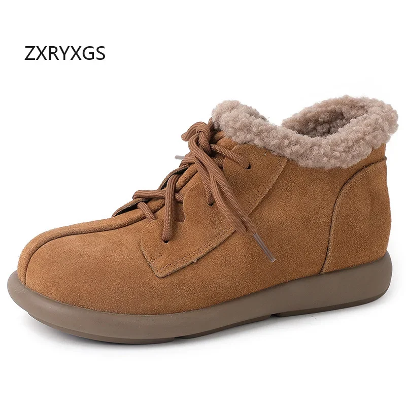 

ZXRYXGS 2024 First Layer Frosted Cowhide Side Zipper Lace-up Winter Leather Boots Women Snow Boots Flat Large Size Shoes Tide
