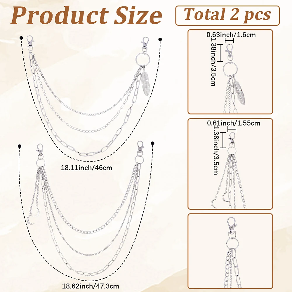 2 Style Punk Trousers Chain Moon Leaf Jeans Pant Chains Lock Hip Hop Charm Biker Keychain Silver Metal 3 Layer Jewelry Gothic
