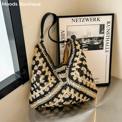 MOODS Straw Woven Shoulder Bags For Women Geometric Large Capacity Shopper Totes 2024 Summer New Travel Beach  Handmade Handbags