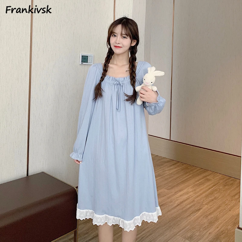 Nightgowns Women Lace-design Spring Autumn Sweet Simple Aesthetic Cozy Slouchy Long Sleeve Korean Style Homewear College Daily