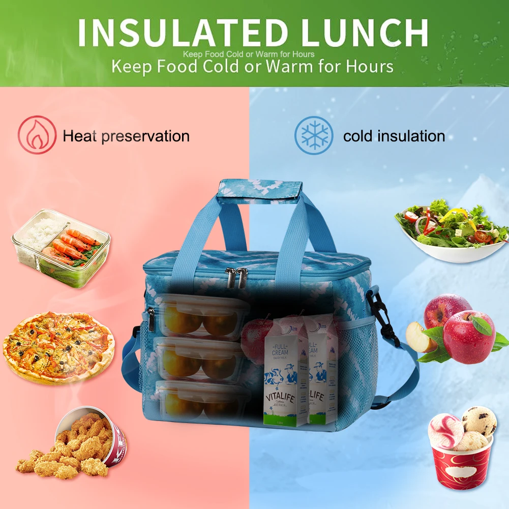 Blue Wave Strip Insulated Lunch Bag Portable Thermal Lunch Box Waterproof Picnic Work Student Heat Bag with Adjustable Strap