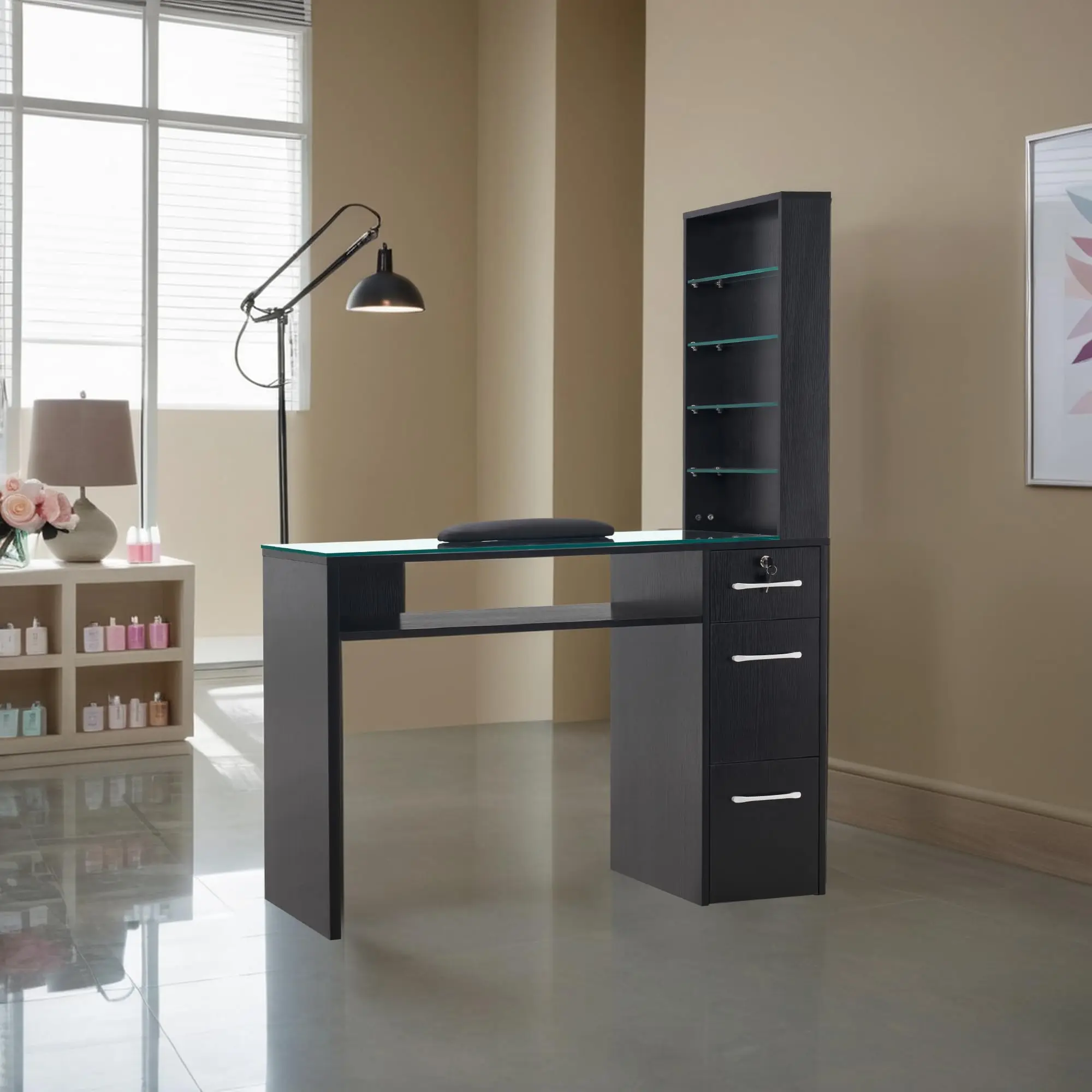 Storage Nail Desk with Lockable Drawer, Glass Top & Shelves 2673