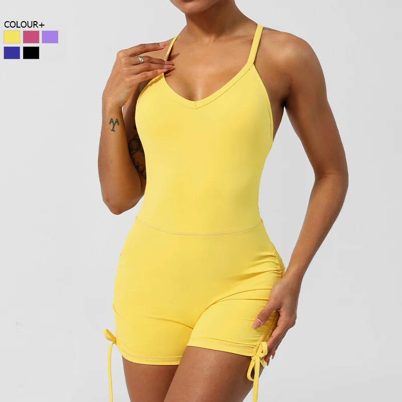 Women Summer Fitness Yoga Set Solid Color One Piece Gym Jumpsuit Breathable Quick Dry Running Short Sprtswear Workout Clothes
