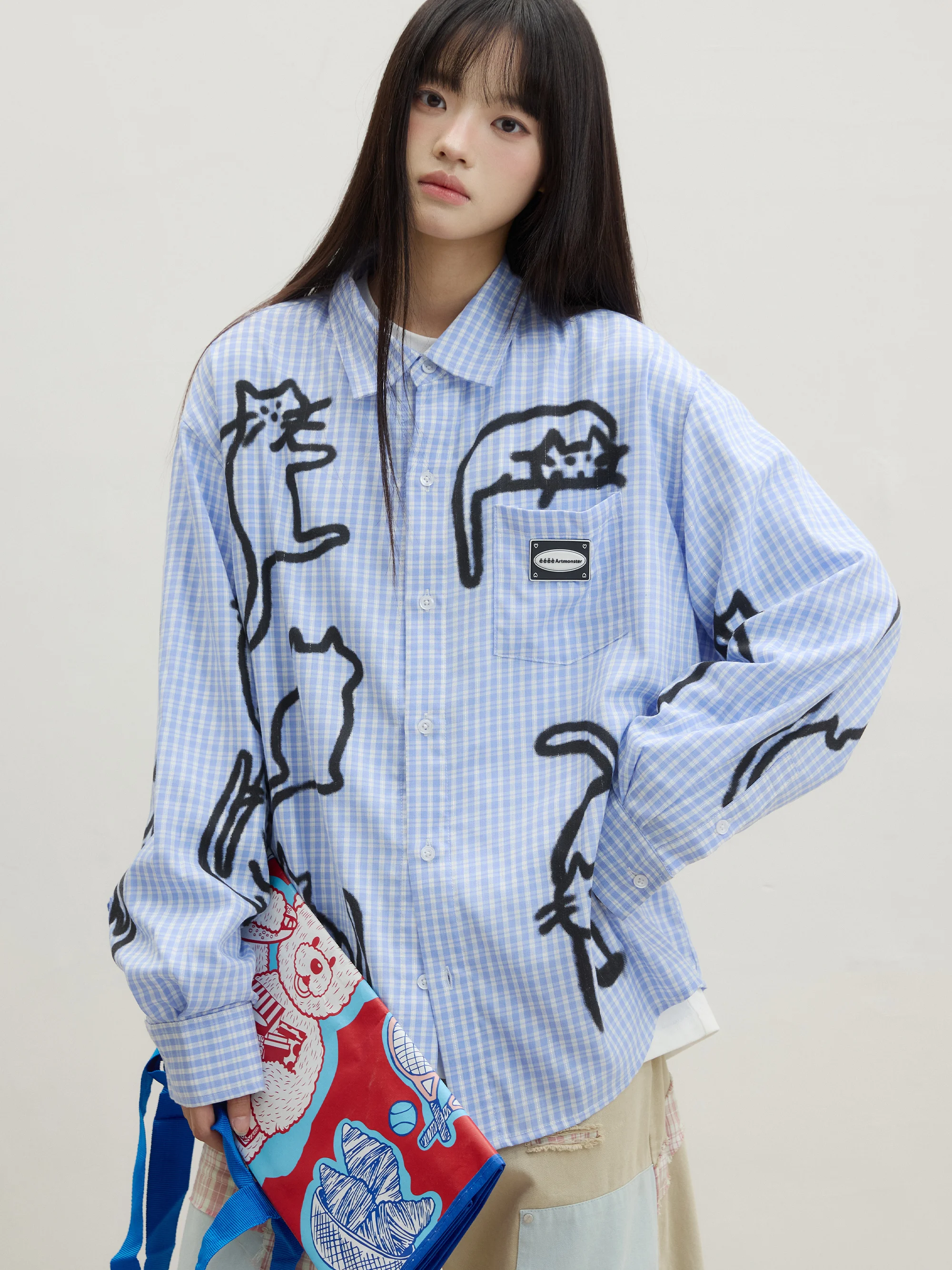 

Hand-Drawn Graffiti Long Sleeve Shirt Blue Plaid House Eeee Artmonster Street Style Youthful Loose Fit Autumn Shirt