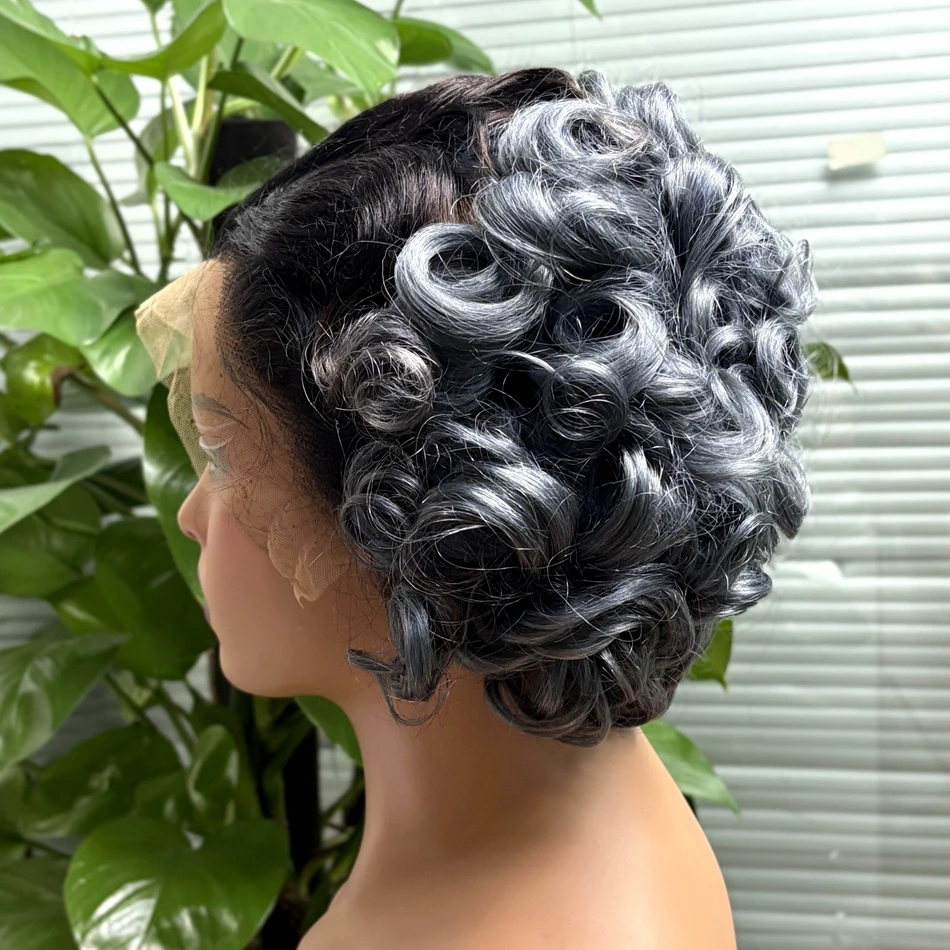 T2-Gray Loose Fumi Bob Wig Short Bouncy Curly Human Hair Wigs 250% Density 13x4 Lace Frontal Loose Wave Wigs for Black Women