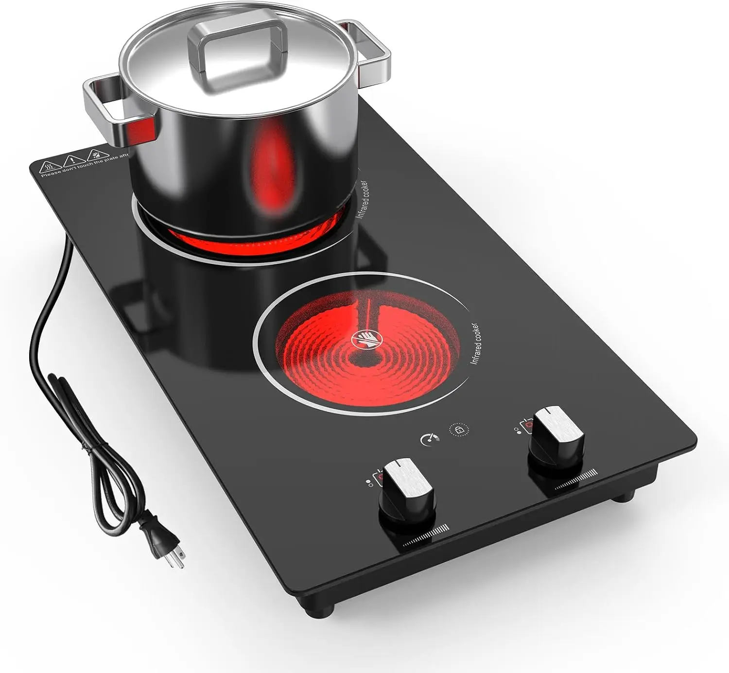 2 Burner Electric Cooktop, 2100W Electric Stove Top, 12 inch Countertop & Built-In, 9 Power Levels, Knob Control, Timer
