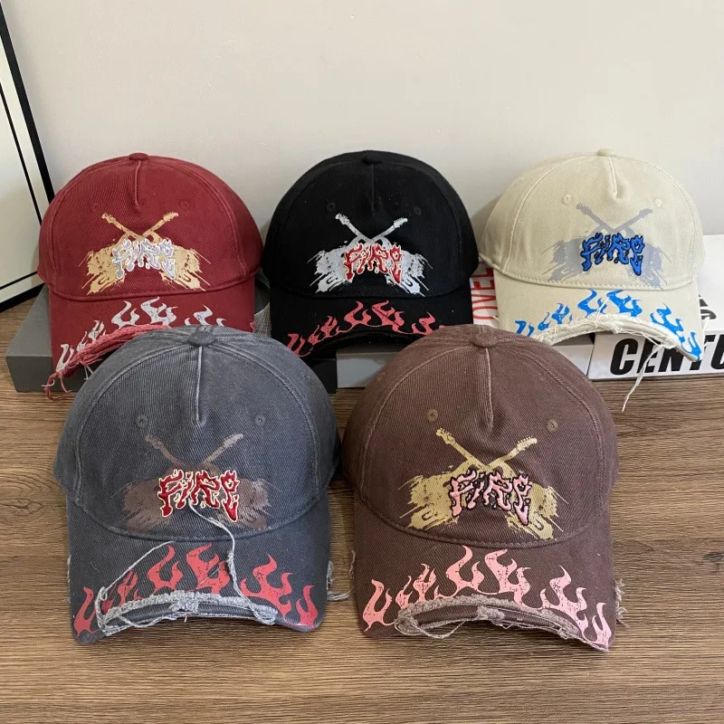 Retro Rock Flame Print Short Brim Distressed Dad Hat Cross Guitar FIRE Graffiti Embroidery Frayed Washed Cotton Y2K Baseball Cap