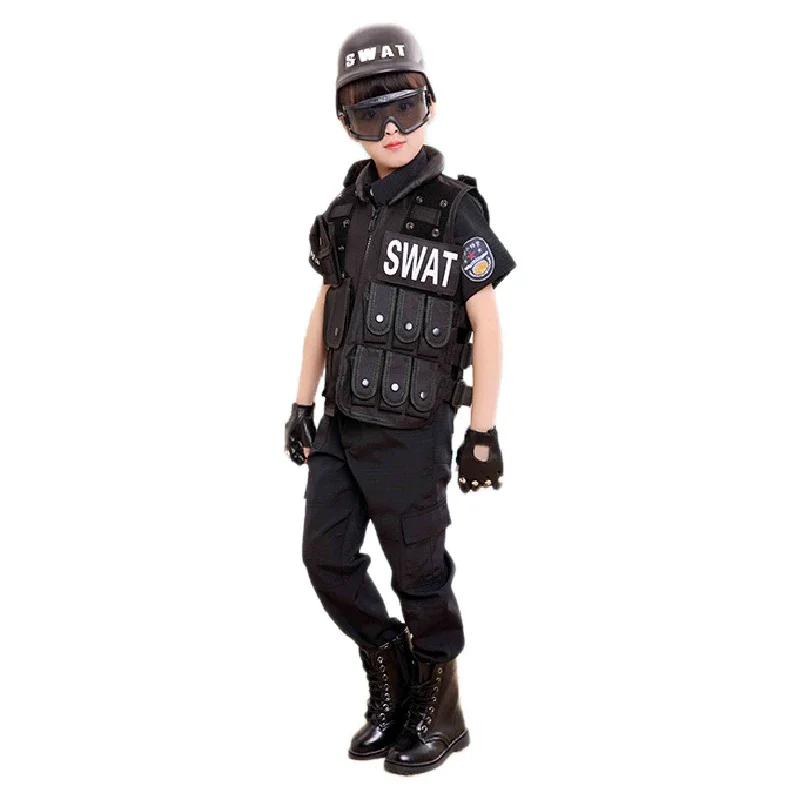 

Halloween Carnival Children Cosplay Police Bulletproof Vests Safety Helmet Goggles for Boy’s Height 110cm-150cm