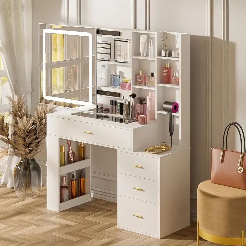 Safe Vanity Desk With Mirror And Lights,3 Lighting Colors, White Vanity Desk,Makeup Vanity With 4 Drawers + 2 Cabinets