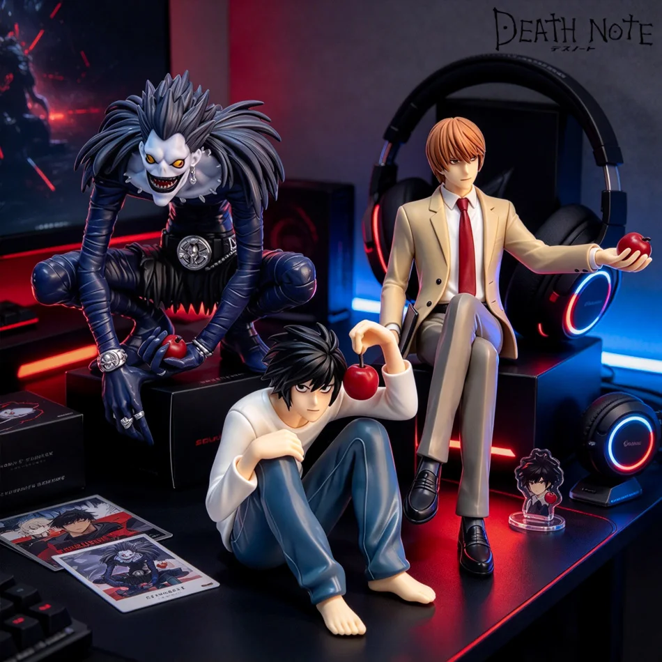 In Stock DEATH NOTE L Lawliet Light Yagami Ryuk Noodle Stopper Figure,  PVC Figure, Squat with Apple, Collectible Decor Gift