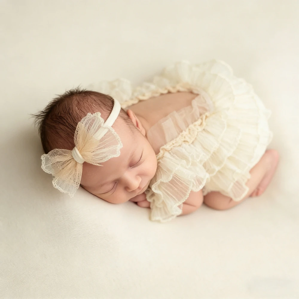 Newborn Baby Girl Beige Ruffle Lace Romper Photography Outfit Infant Photo Shoot Dress Princess Clothes Outfit