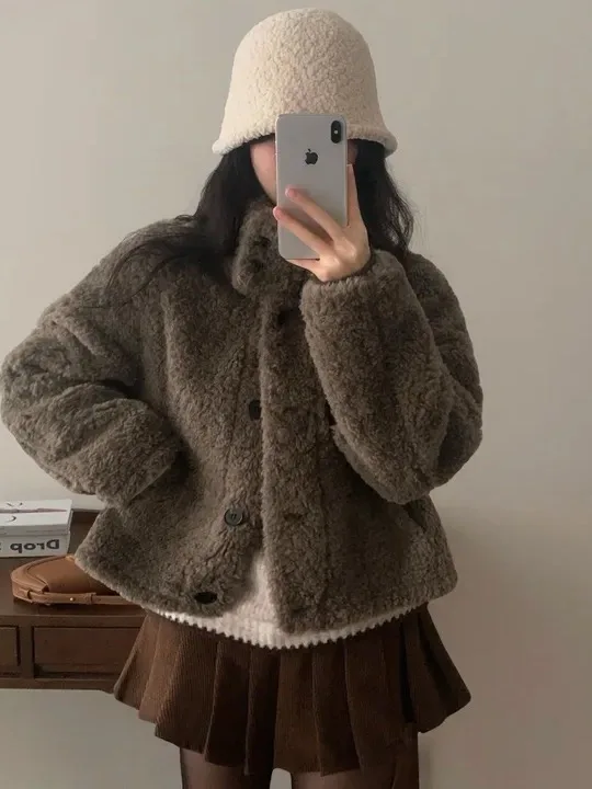 Chic ort Thiened Lamm Pelz Jaet frauen Stehkragen Mantel Koreanische Sle Lose Fit Winter Faion Weiche Milch Farbe mantel