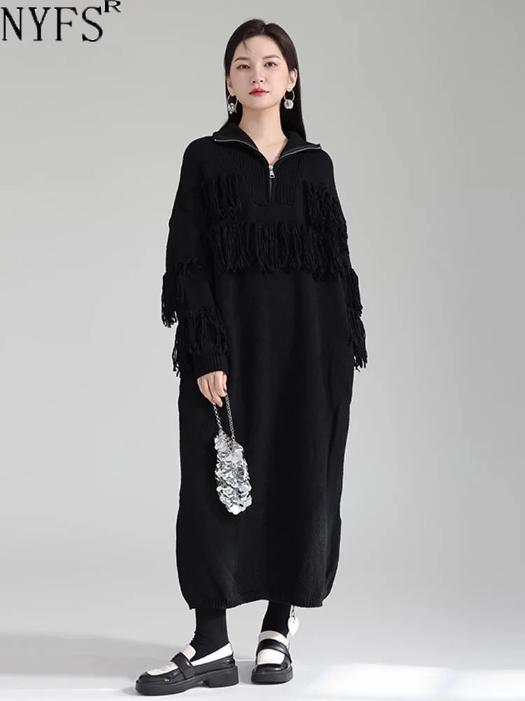 

NYFS 2023 Winter New Korean Woman Dresses Vestidos Robe Elbise Loose Plus Size Knitting TASSEL Sweater Dress