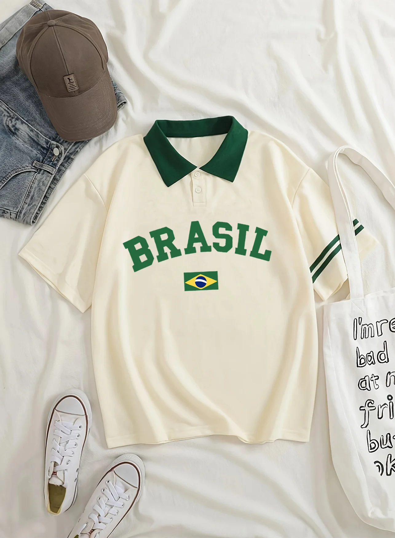 Brazilian flag print women\'s polo collar casual short sleeved fashionable and trendy women\'s summer