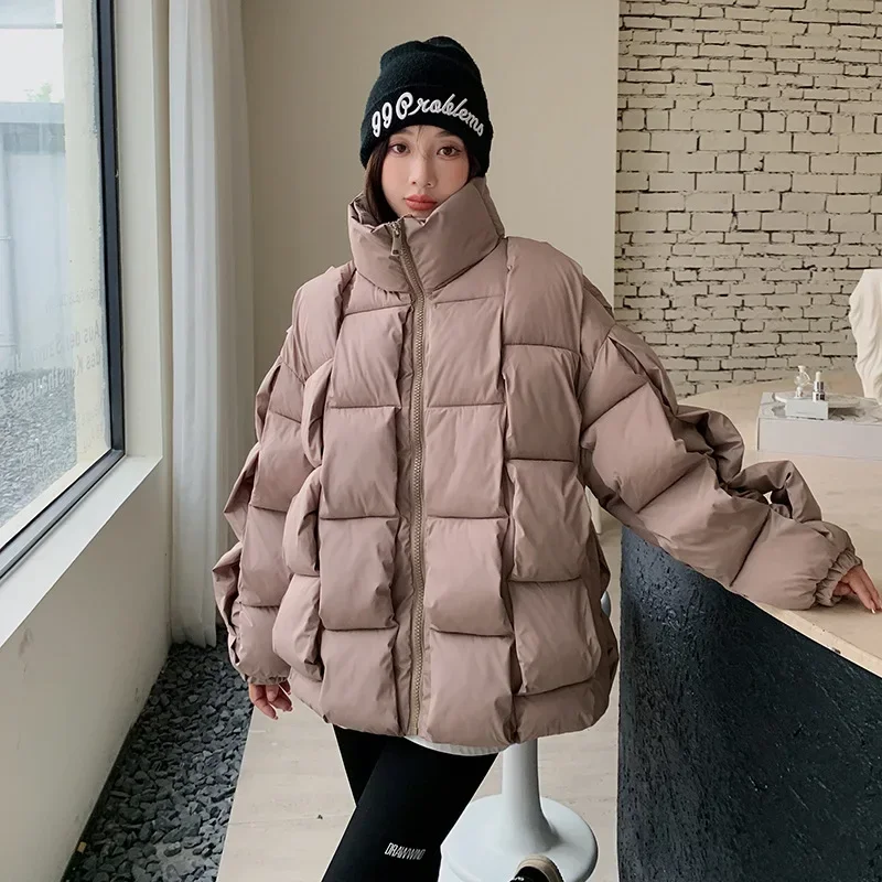Veste matelassurera coréenne en coton rembourré pour femme, parka à col montant, tissage carré tridimensionnel, document optique Candy, chaud,