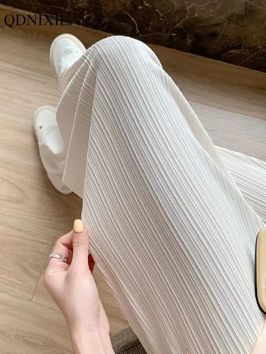 Pantalones de pierna ancha de seda helada para mujer, Pantalón de gasa fina coreana, cintura alta, holgado, recto, informal, a la moda, primavera y verano, 2024