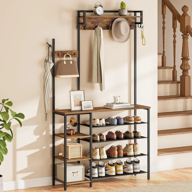 Hall Tree with Bench and Shoe Storage, Entryway Bench with Coat Rack, Shoe and Coat Rack   Rustic Brown