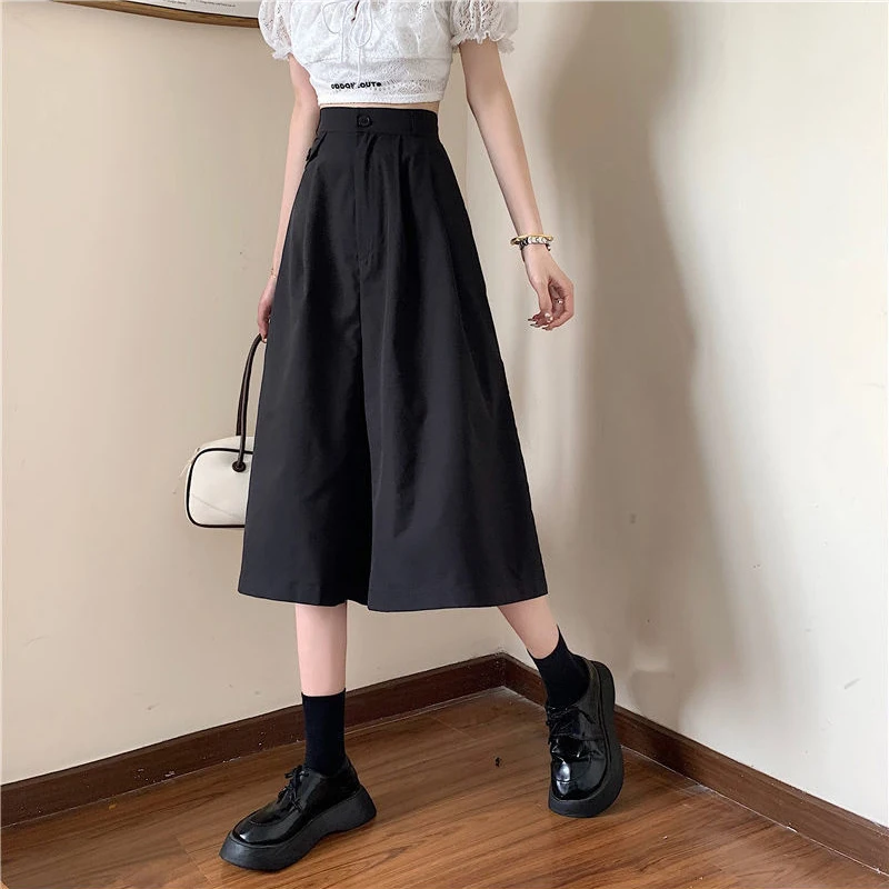 Gidyq Summer High Waist Wide Leg Pants Women Casual Loose Cropped Pants Korean Fashion Female All Match Straight Leg Pants